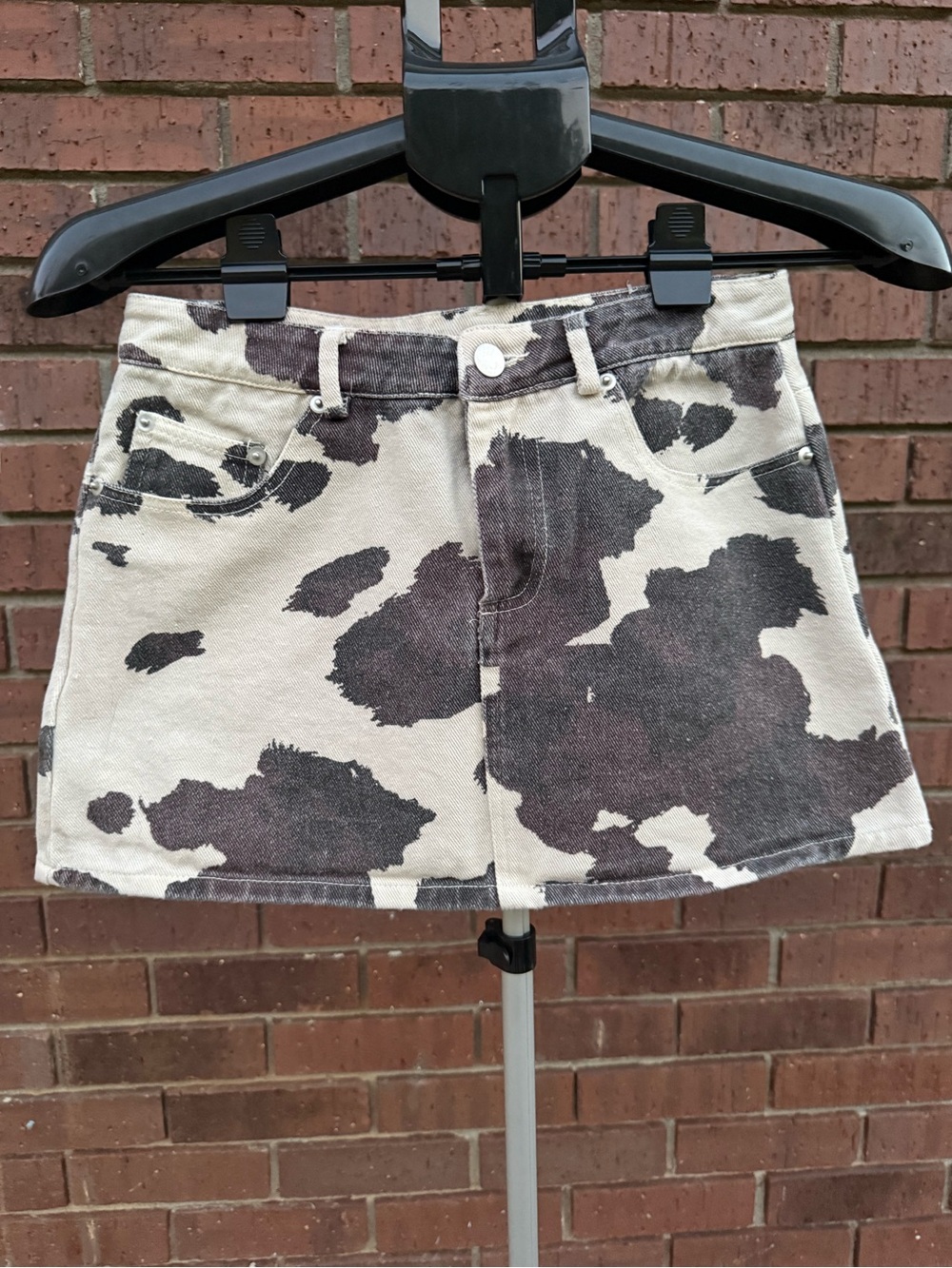 Le Lis Cow Print Denim Mini Skirt Western Country Concert Outfit XS Off White